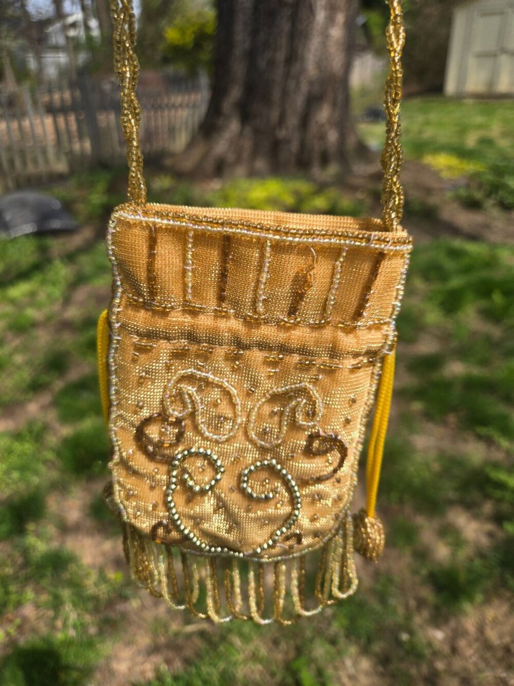 Small gold hand embroidered beaded purse for garden party